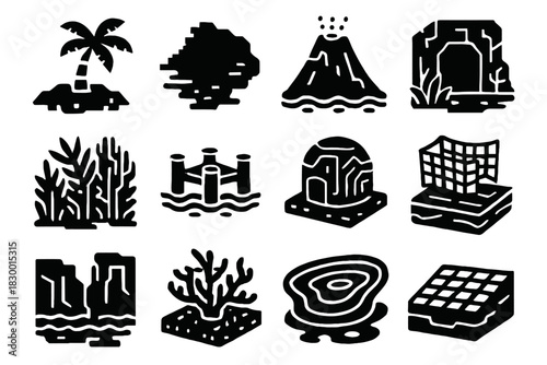 Icons vector beach cave icon virtual palm island lagoon dock pixelated hut