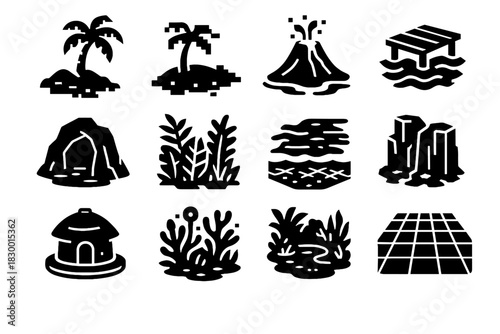 Virtual vector cyber jungle tree holographic dock beach palm icon island