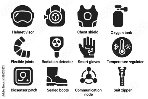 Visor icon detector radiation vector joints flexible suit helmet air regulator bio