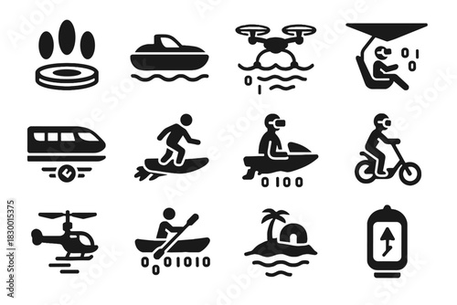 Virtual vector island data jet icon teleport magnetic pad scooter transport drone