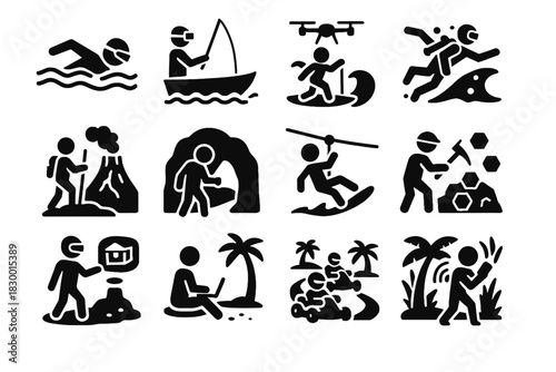 Treasure exploring volcano cave jetpack island coding virtual jungle vector icon