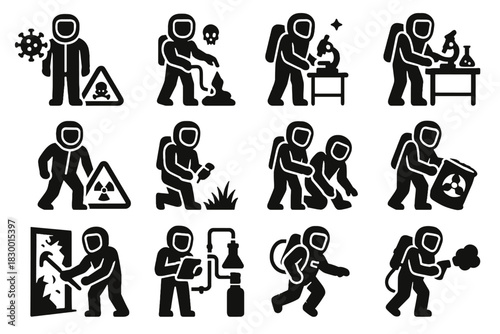 Field suit outbreak response vector bio cleanup space plant inspection icon zone