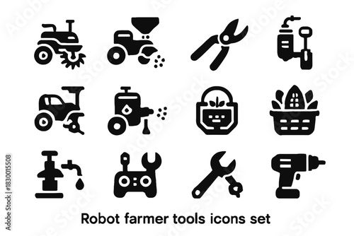 Farmer sprayer tools sensor maintenance robot soil spreader water pruning vector icon