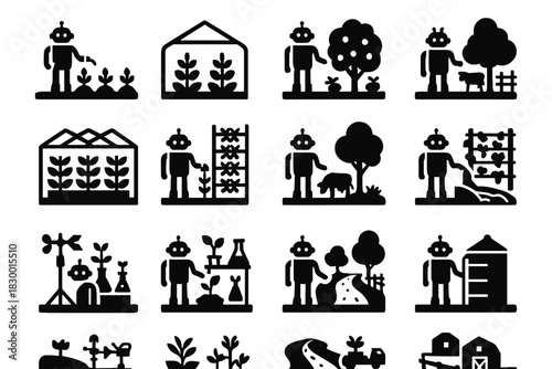 Vector crop farmer canal farm field robot icon vertical lab irrigation storage