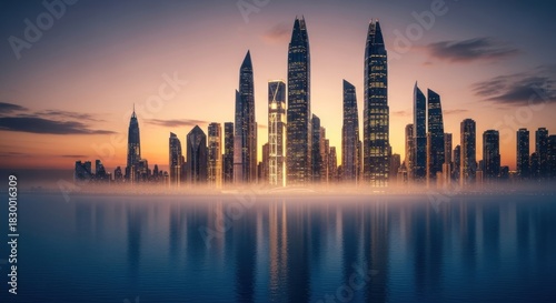 Stunning Dubai Skyline at Sunset with Reflections on Water.