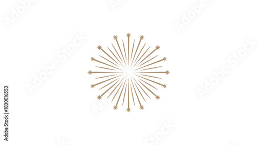 Abstract symmetrical burst of thin metallic lines radiating outwards from a central point on a white background