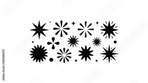 Collection of diverse black starburst and asterisk shapes scattered across a white background creating a festive and celebratory pattern