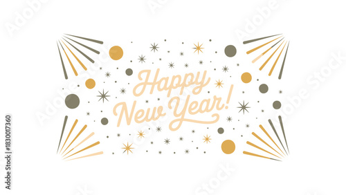 Festive and celebratory happy new year greeting card design with sparkling confetti and golden bursts of light