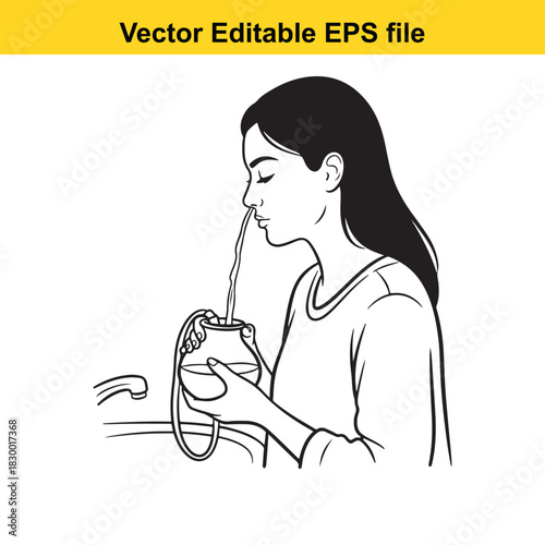 Woman performing nasal irrigation with a neti pot over a sink for sinus relief, vector editable eps file illustration