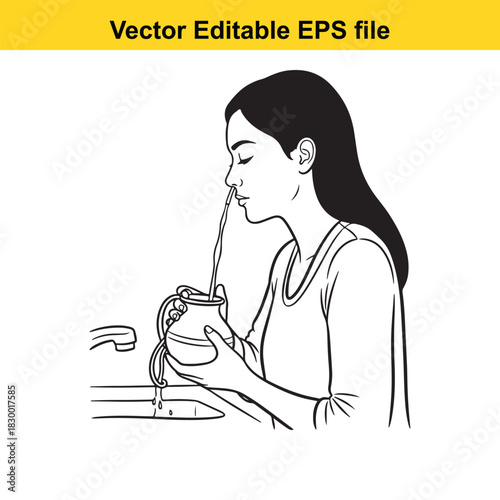 Line art illustration of a woman performing nasal irrigation with a neti pot over a sink, a common practice for sinus relief, isolated on white background