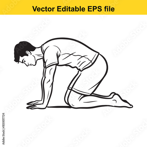 Black and white line art vector illustration of a man in a cat pose for yoga or stretching exercise, isolated on white background