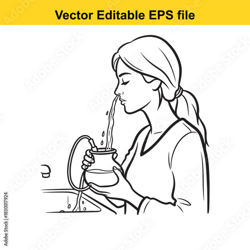 Line art drawing of a woman performing nasal irrigation with a neti pot or similar device over a sink, vector editable eps file