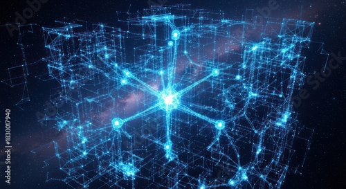 Abstract glowing blue neural network structure with interconnected nodes and lines.