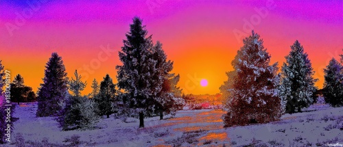 Vibrant sunrise illuminates the winter horizon