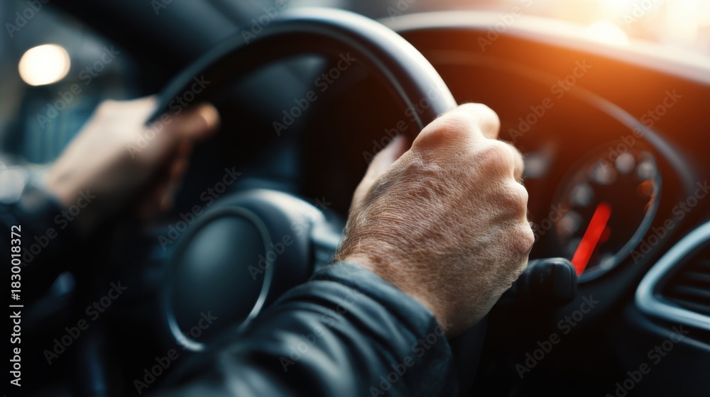 Naklejka premium Driver hands on steering wheel at sunset