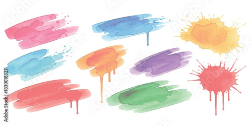 Watercolor colorful brush strokes and paint splatters set. artistic vibrant elements.