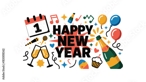 Celebratory happy new year illustration with champagne balloons calendar music notes and confetti for festive greetings