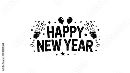 Happy new year text with champagne glasses and balloons in a festive celebratory design