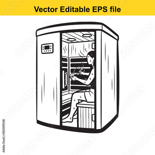Black and white line art vector illustration of a woman relaxing inside a modern infrared sauna cabin holding a cup, isolated on white background