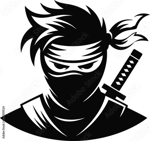 Stylized graphic illustration of a ninja warrior with a katana.