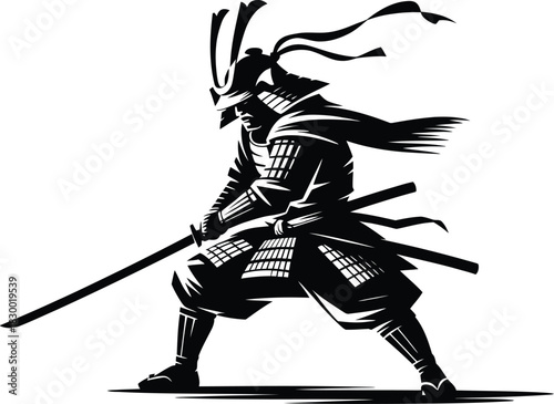 Fierce samurai warrior holding katana in dynamic battle stance