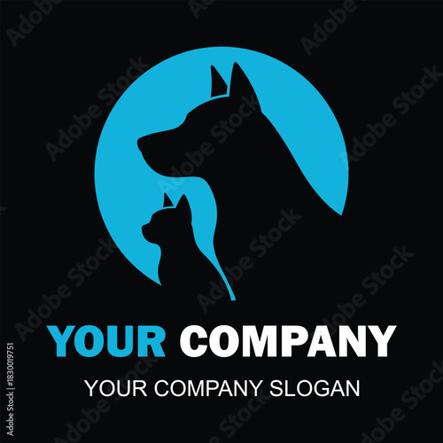 Dog and cat silhouette logo in blue circle for pet business brand