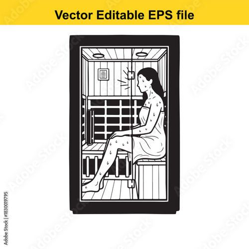 Black and white line art vector illustration of a woman relaxing inside a modern infrared sauna cabin for health and wellness therapy, isolated on white background