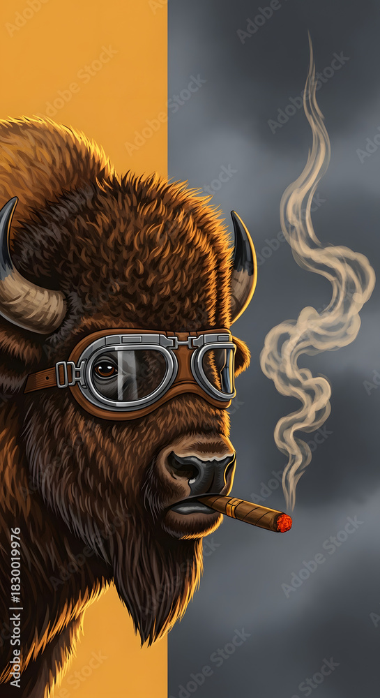 Obraz premium Illustration of Cool Bison Wearing Aviator Goggles and Smoking Cigar