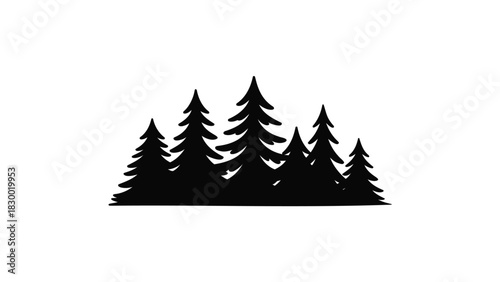 Silhouette of a dense forest of evergreen pine trees against a stark white background creating a minimalist natural landscape