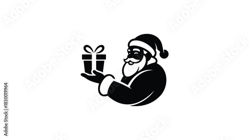 Classic silhouette of santa claus holding a wrapped gift box with a bow on a white background