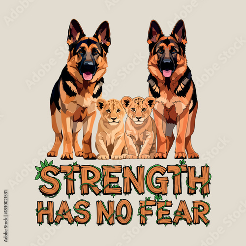 German Shepherd standing confidently beside a baby lion cub (Strength has no fear).eps
