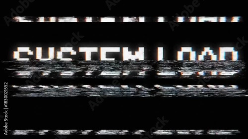 Pixelated SYSTEM LOAD text with digital distortion and VCR static effect on a black background. Perfect for software process and system status concepts