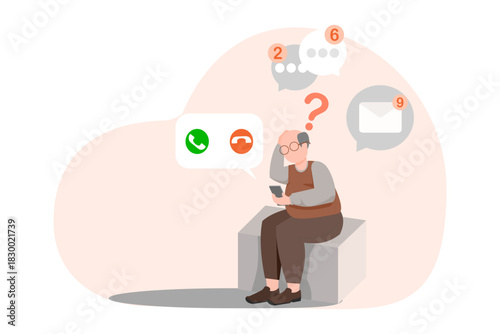 Flat illustration of elderly society concept. An old man is using a smartphone and is confused by the symbols displayed on the IT device, conveying the generation gap and the ever-advancing technolog