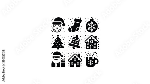 Collection of nine black and white christmas icons including santa claus stocking ornament tree bell house and mug