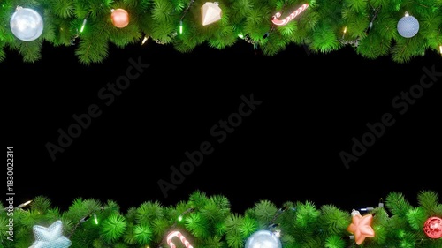 Christmas frame or new year frame with green fir or pine leaves, christmas balls, stars and light bulbs blinking with alpha map for compositing. 4K loop animation.