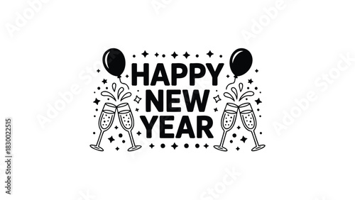 Happy new year festive graphic with balloons confetti masks and decorative elements in black and white