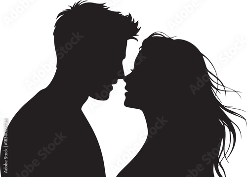 Black silhouette of a couple about to kiss on white background love romance