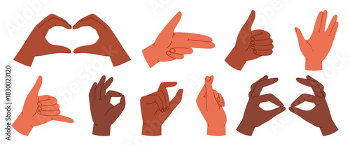 Set of diverse hand with different gestures. Hand poses showing. Сommunication and connection concept. Sign language. Isolated vector illustration in cartoon style 