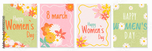Posters or Cards Women's Day with flowers and texture in hand drawn style. Isolated Vector template.