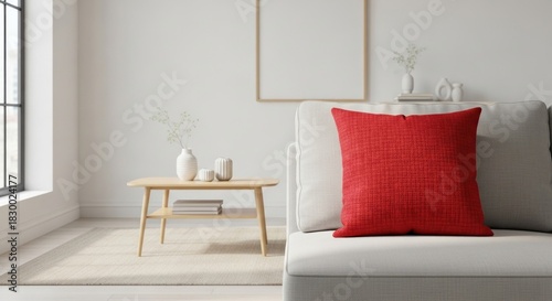 Cozy Living Room with Red Accent Pillow and Minimalist Decor.