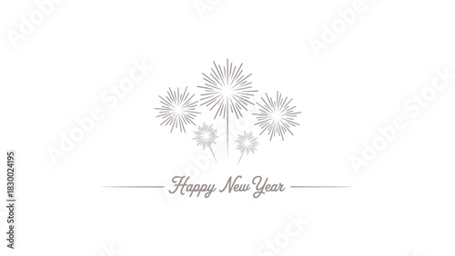 Elegant minimalist line art illustration of a stylized firework bursting with celebratory happy new year text