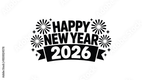 Happy new year 2026 text with fireworks and festive celebratory design elements on a white background
