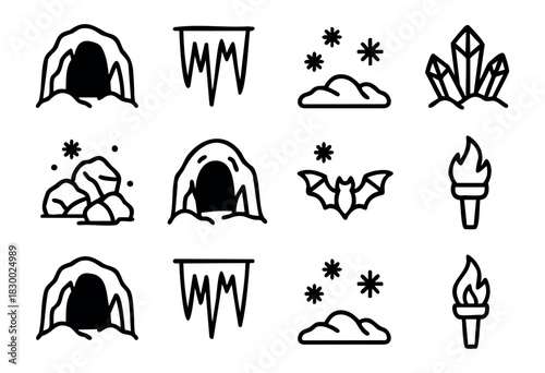 A collection of black outline icons representing various elements of cave exploration and underground environments, including multiple cave entrances, stalactites, crystals, rocks, a flying bat, and a