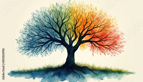 Watercolor tree illustration colorful leaves transitions. Roots extend below with green plants. Family lineage with visual metaphor for genealogy history connection, life cycle. Perfect background