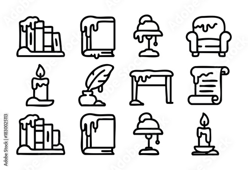 A collection of vintage-themed study and comfort icons, featuring books, a desk lamp, an armchair, a burning candle, a quill pen with inkwell, a desk, and a scroll, all rendered in a distinct outline 