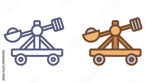 Black icon of a catapult for storming a castle. Flat illustration.