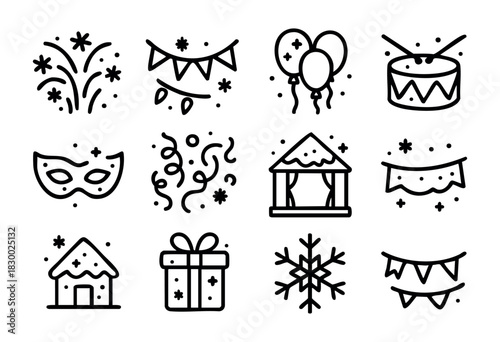 A diverse set of twelve outline vector icons representing celebration, party, and winter holiday themes, including fireworks, balloons, a masquerade mask, a snowflake calendar, and a gift box.
