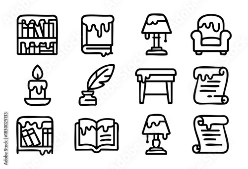 A collection of vintage-themed study and comfort icons, featuring books, a desk lamp, an armchair, a burning candle, a quill pen with inkwell, a desk, and a scroll, all rendered in a distinct outline 