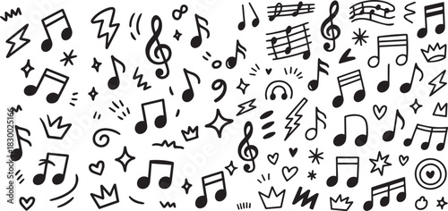 Musical hand drawn background. Music notes line doodle set. Whimsical playful crayon scribbles. Punk rock handwriting graphic grunge design. Graffiti drawing. Classic melody, piano concert poster 