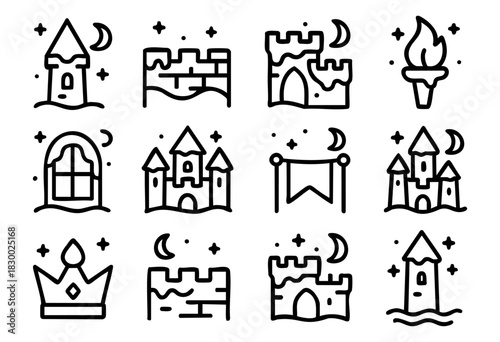 A collection of medieval and fantasy-themed line art icons, featuring various castles, towers, a torch, a crown, a window, and a banner, often adorned with stars and crescent moons.